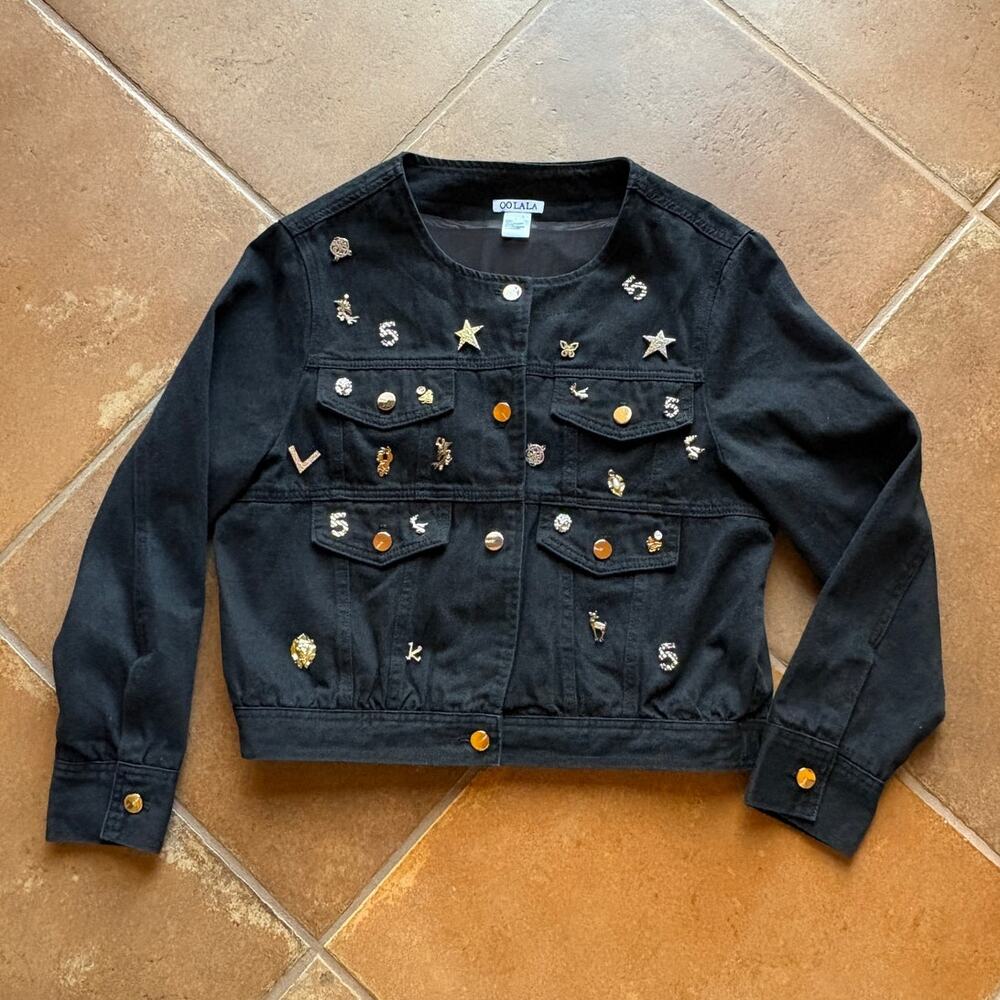 Oo La La Black Denim Embellished Collarless "Charm" Jacket Whimsy Bling size L - Picture 15 of 16